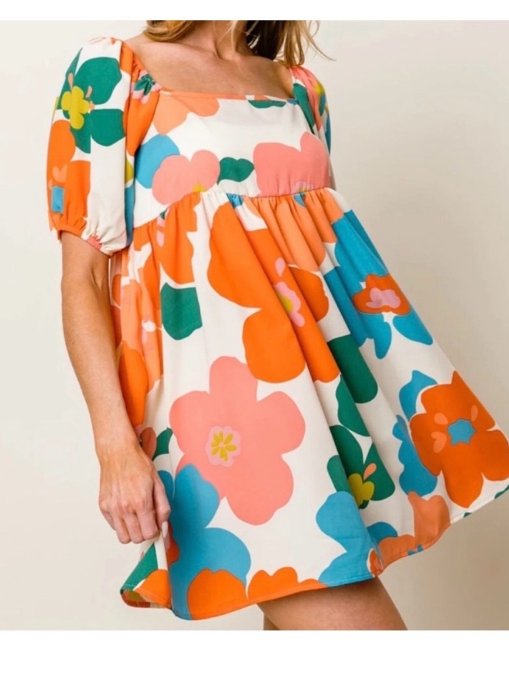 BiBi Floral Puff-Sleeve Casual Dress in Orange, Pink, Teal, Green, White